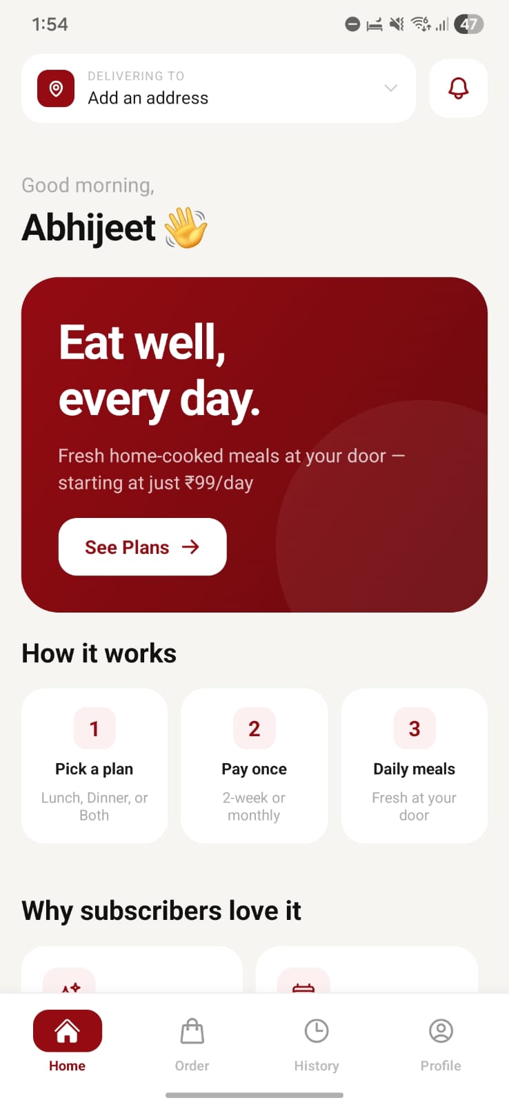 Bruppers app home screen showing meal plans and delivery tracking